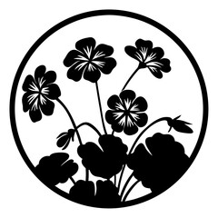 Floral silhouette illustration with blossoms in circle- Black floral silhouette artwork showing multiple blooming flowers and leaves inside a circular border, suitable for decorative design, or emblem