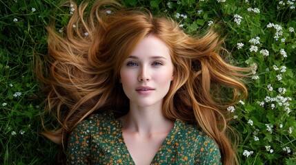 Relaxed young woman lying on green grass with wildflowers in nature's peace