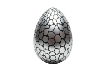 Silver Easter egg with a hexagonal pattern on transparent background, realistic rendering showcasing metallic texture and intricate design