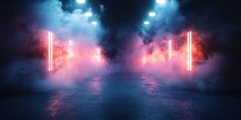 Vibrant neon lights illuminate a foggy corridor in an underground space during a nighttime event