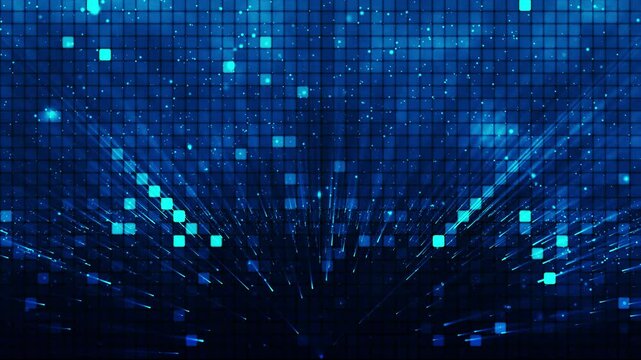 Abstract blue led background with rays and motion dots. Abstract animated background with light rays and glowing particles on transparent square glass mosaic background. Geometric design element anima