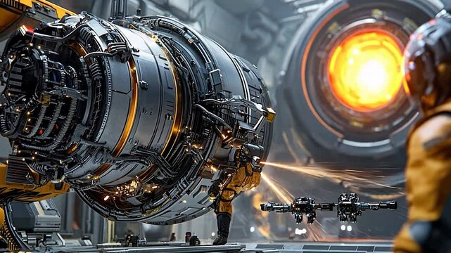 Futuristic industrial scene showcasing advanced machinery and robotic drones in a high-tech facility