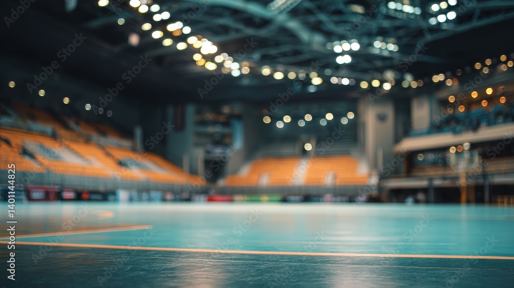 Poster blurred background of a futsal arena with an empty court and seating area. the image captures the in
