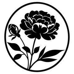 Black silhouette peony flower illustration in circle- Elegant black floral silhouette of a blooming peony inside a circular frame, perfect for decorative, design, tattoo, or emblem use