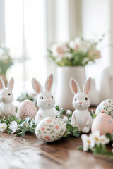 Light Easter decorations with white flowers, white painted patterned Easter eggs, ceramic rabbits.