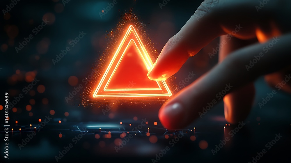 Poster glowing triangle activated: human hand interacting with an illuminated geometric shape on a dark bac