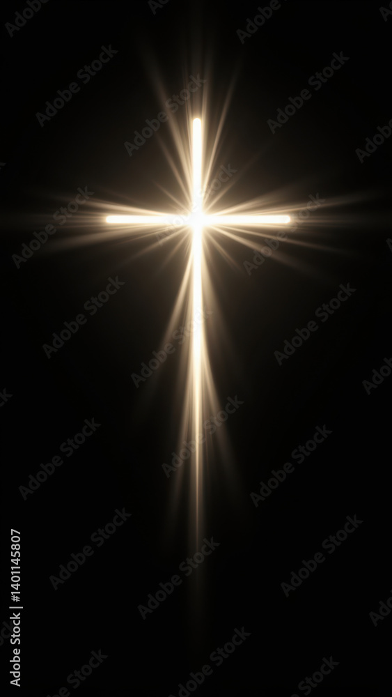 Poster illuminated christian cross against a dark background with bokeh effect.