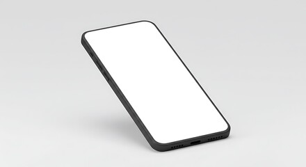 Sleek Dark Cellphone Mockup, Inclined, Blank White Screen, Minimalist Gray Background.
