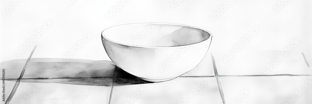 Poster empty white bowl on tiled floor - a simple grayscale sketch of an empty white bowl sitting on a tile