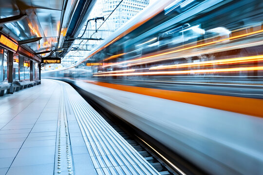 high speed train rushes through modern station, creating dynamic blur of motion and energy. sleek design and vibrant lights