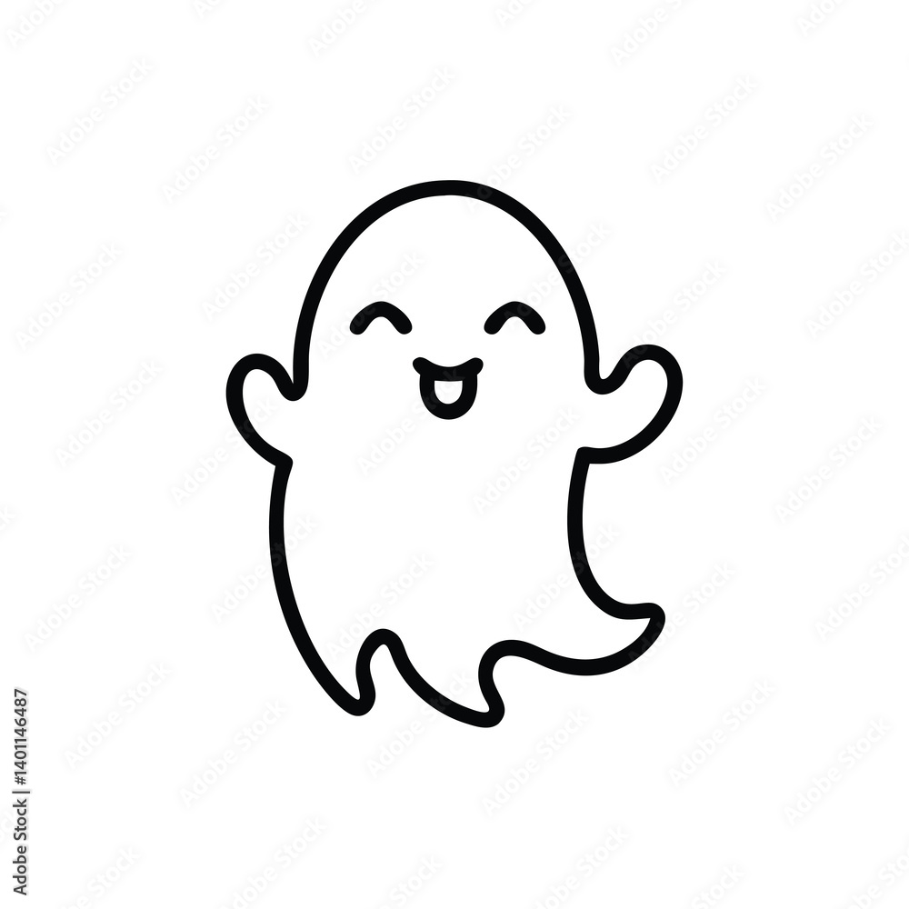 Poster smiling ghost outline halloween character illustration minimalist design perfect for stickers and ve