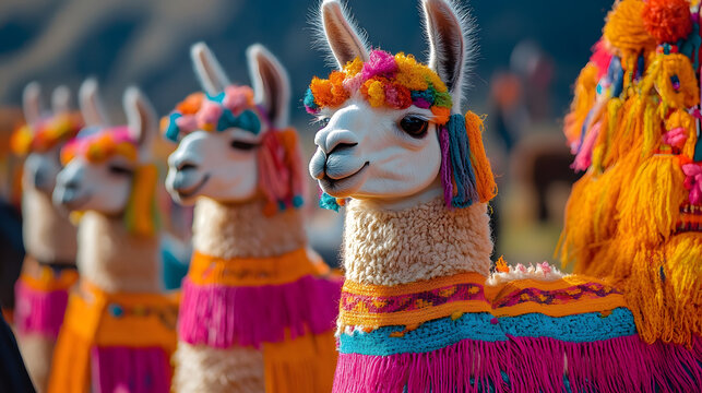 Inti raymi festival colorful llama decorations, cusco peru, andean culture