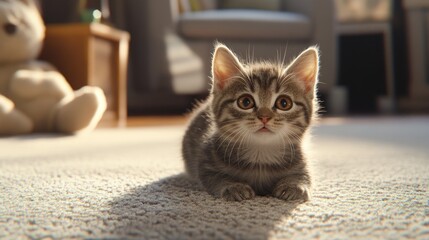 Pet cam with motion tracking focused on kitten moving around in soft carpeted room.