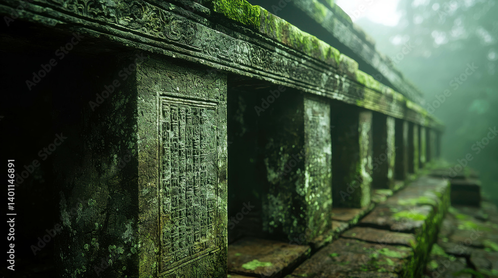 Aufkleber ancient stone structure covered in moss under mysterious fog in lush green forest setting