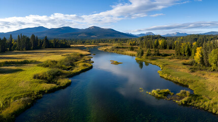 Obraz premium Aerial View Of Serene River Winding Through Lush Landscape