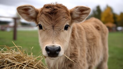 Calf eating hay outside with fence and trees, farm, agriculture advertising