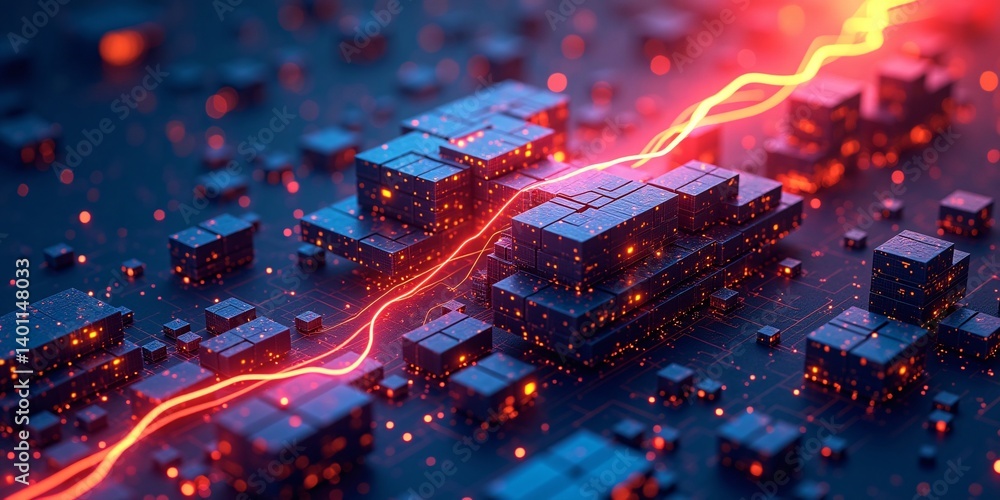 Poster futuristic abstract of algorithmic digital network visuals with glowing circuits