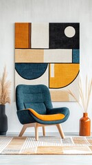 Modern teal armchair with geometric art