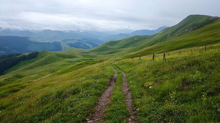 Obraz premium Mountainous Path Through Green Meadow