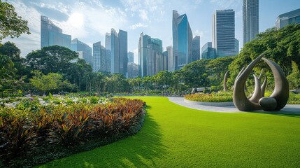Lush urban park meets modern city skyline.  A vibrant green park with meticulously landscaped gardens and flower beds,  modern sculptures, and tall buildings in the background