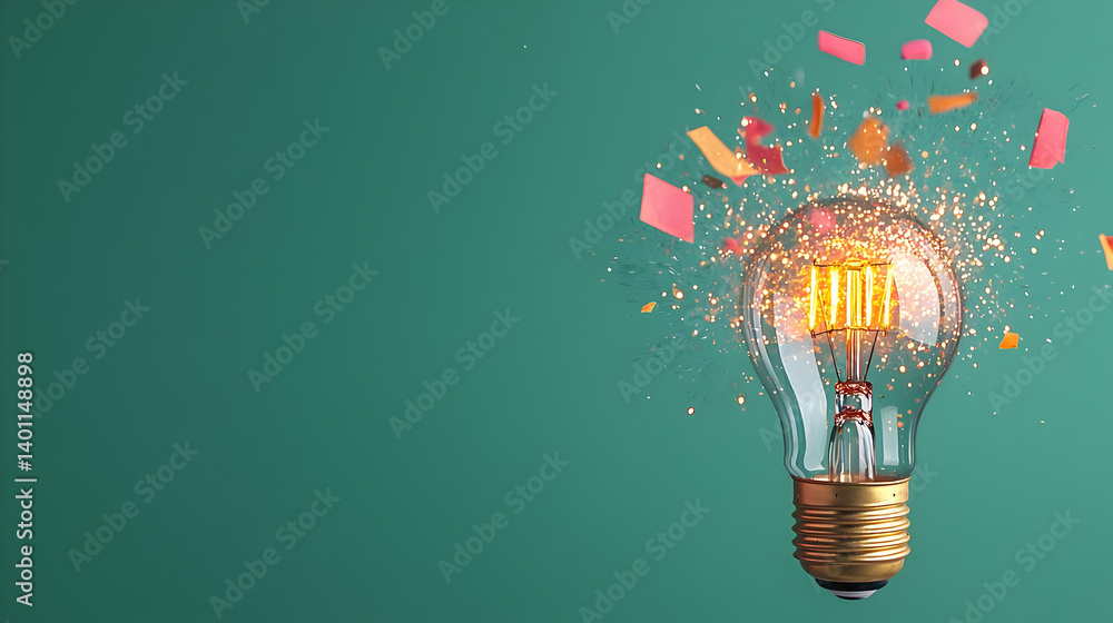 Poster glowing lightbulb with exploding pieces on teal background