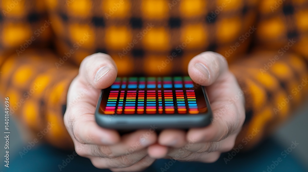 Poster Man Holds Mobile Device Displaying Colorful Graphics, Close-Up View Emphasizing Modern Technology and Digital Lifestyle.