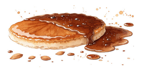 Fototapeta premium Watercolor Pancake with Caramel Sauce and Almonds, Isolated on Transparent Background, Dessert Illustration, Food Clipart, Pancake, Caramel, Dessert