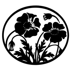 Round floral silhouette with blooming poppies- Black and white circular design featuring poppy flowers and leaves in bold silhouette style, perfect for decorative or artistic projects
