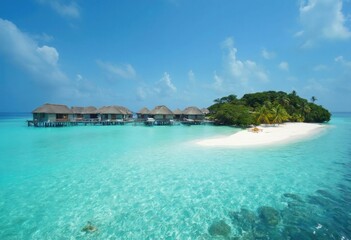 Naklejka premium Luxurious Tropical Island Resort with Crystal Clear Waters and Stunning Sunsets