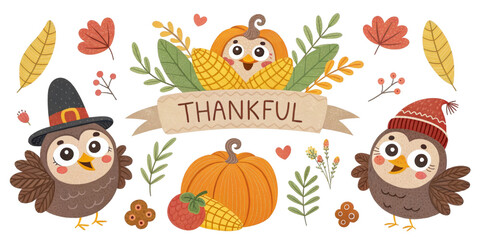 Fototapeta premium Thanksgiving Owls and Pumpkins Illustration Cute Cartoon Design, Isolated on Transparent Background, Autumn, Harvest, Clipart