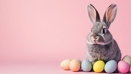Fototapeta premium Easter banner with copy space. A cute gray rabbit sits next to Easter eggs and spring flowers on a pink background