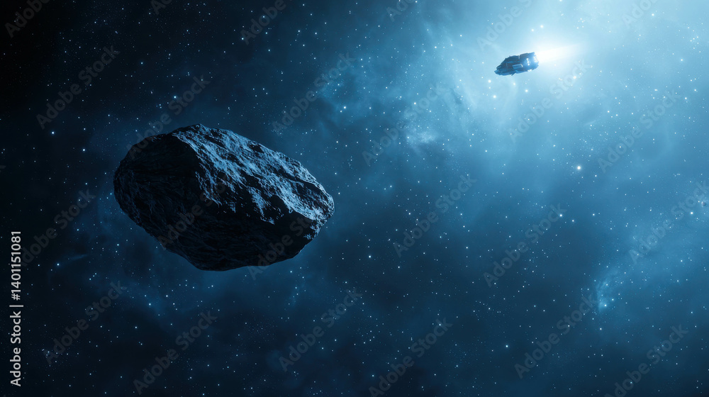 Poster cosmic asteroids floating in a vast dark space with bright star light in background