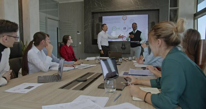 Multicultural colleagues collaborate in a business meeting, discussing ideas, strategies, and presentations. Teamwork and innovation thrive in this diverse office setting.