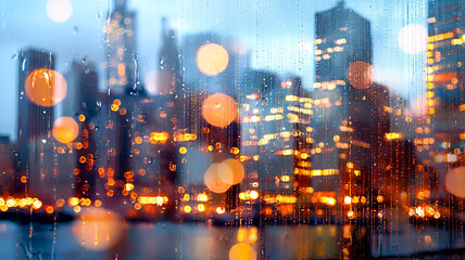 Fototapeta premium beautiful cityscape with blurred lights and raindrops on window, creating cozy and reflective atmosphere