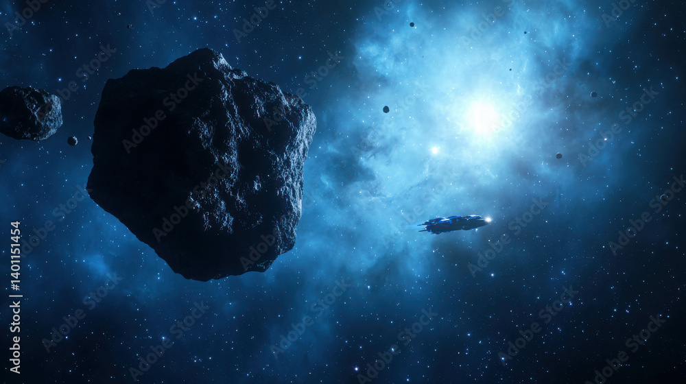 Poster vast cosmic scene with asteroid and spaceship in deep outer space with bright stars