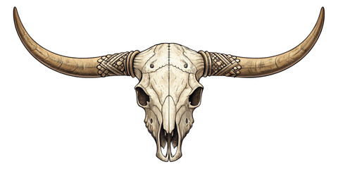 Fototapeta premium Ornate Bull Skull Illustration Hand-drawn, Isolated on Transparent Background, Tribal Design, Bull skull, Tribal art, illustration