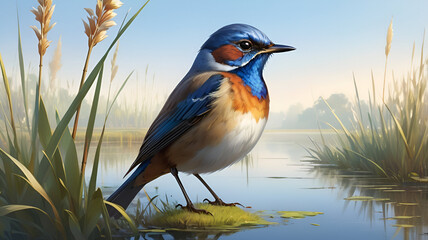Fototapeta premium Bluethroat bird a Bluethroat sits perched on a tall reed ai