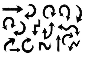 Collection of various black grunge-textured arrows pointing in different directions (right, up, down, curved, circular, wavy). Represents direction, navigation, and artistic design elements.