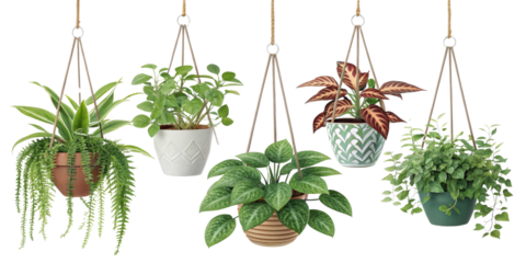 Five Hanging Plants, Macrame Hangers, Indoor Plants, Isolated on Transparent Background, plants, hanging plants, macrame