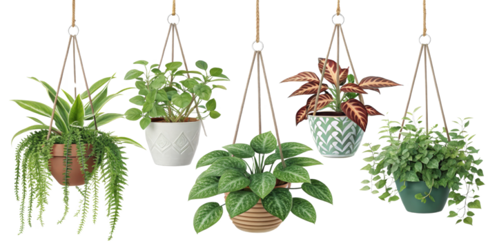 Five Hanging Plants, Macrame Hangers, Indoor Plants, Isolated on Transparent Background, plants, hanging plants, macrame
