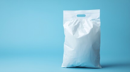 Full sealed white blank plastic bag standing on light blue background with die cut handle in studio, mockup for cat litter