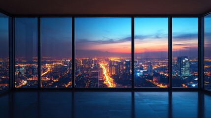 Breathtaking evening skyline view from modern glass-walled room