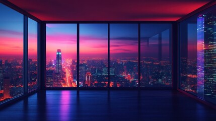 Fototapeta premium Stunning cityscape view from modern interior with vibrant evening lights