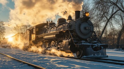 Obraz premium Majestic Vintage Steam Train Chugging Through Snowy Landscape with Radiant Sunset in Background, Capturing the Essence of Winter Travel and Nostalgia