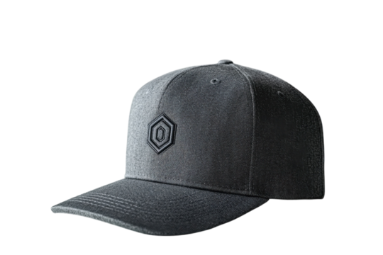Stylish dark grey baseball cap subtly branded hexagon logo clean design on transparent background