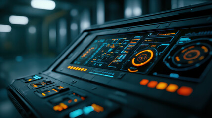 Obraz premium Futuristic Control Panel with High-Tech Interface Displaying Data and Settings in Dim Environment