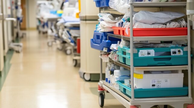Medical Equipment and Supplies on Trolleys in a Hospital Corridor, Showcasing Organized Healthcare Tools and Facilities for Patient Care and Treatment Efficiency