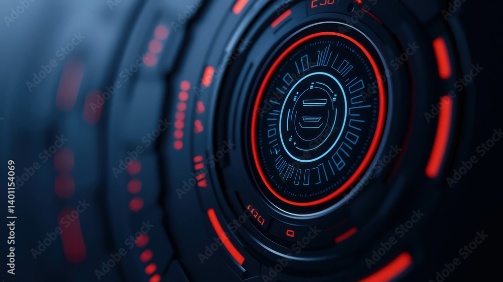 Poster futuristic dashboard interface with circular elements and vibrant red highlights for technology them