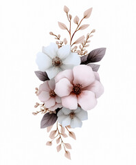 Watercolor painting showcasing a bouquet of flowers and leaves in soft, muted tones, perfect for adding a touch of elegance to any design