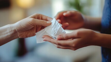 Handing Tissue Wipes for Hygiene or Allergies, Close Up Shot